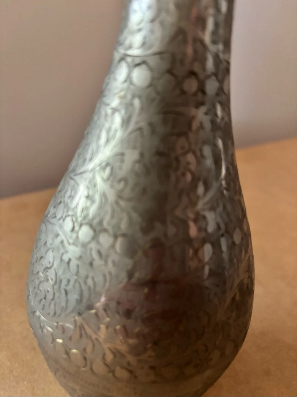 Antique Indian White Brass Floral Engraved Vase